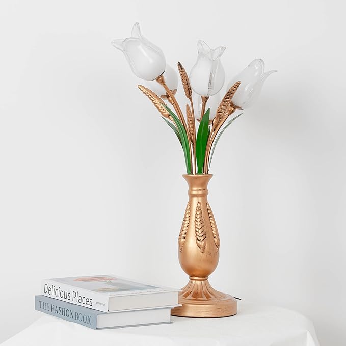 Skyblaze Classic Style Table Lamp with Flower Glass Shade, Elegant Flower Night Light, Art Deco Accent Table Lamp for Bedroom Living Room (White, 5 Lights)