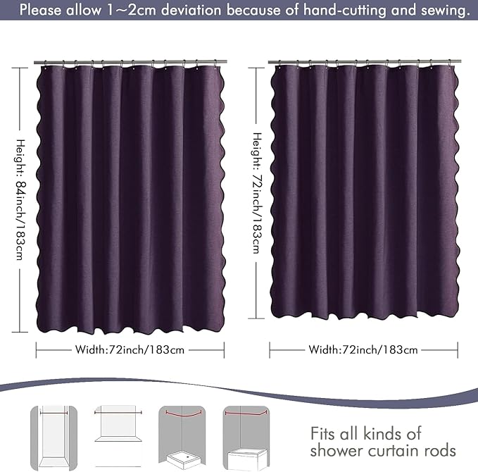 MIULEE 84" Long Scalloped Shower Curtain Linen Textured with 12 Metal Hooks Cute Extra Long Heavy Duty Washable Waterproof Cloth Shower Curtains with Black Border for Bathroom Hotel Bathtub,Purple