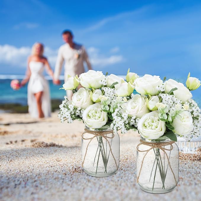 Zeyune 12 Sets Mason Jar Centerpiece Table Decorations, Artificial Peony Baby's Breath Flower Bouquets, Faux Flowers with Vase, Rustic Decor Gifts for Home, Wedding, Holiday (Green)