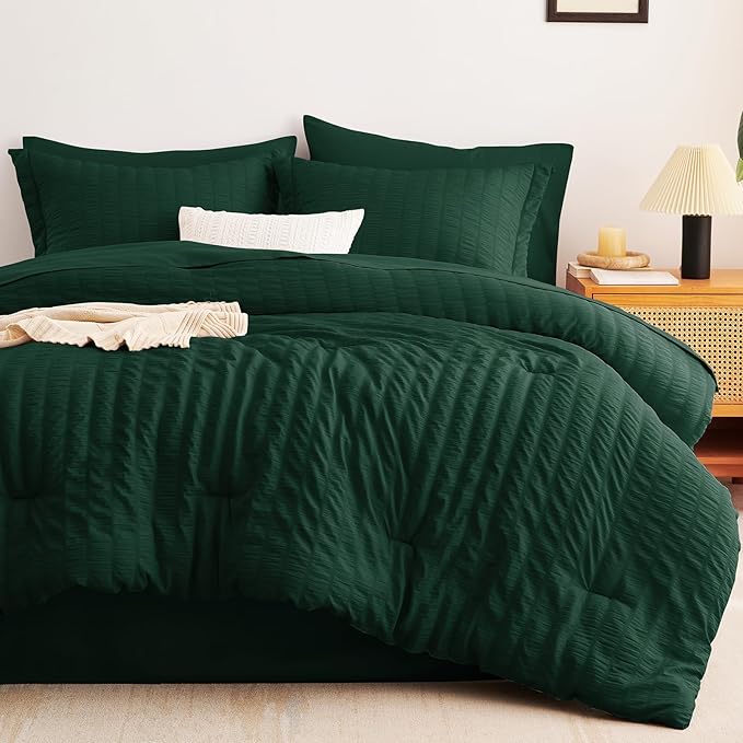 CozyLux King Size Comforter Set Emerald Green Seersucker 7 Pieces Bed in a Bag King Comforter Set with Sheets, Luxury Bedding Sets with Down Alternative Comforter, Sheets, Pillowcases & Shams