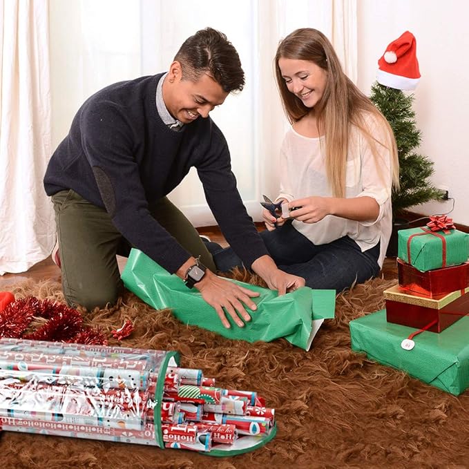 ProPik Christmas Wrapping Paper Storage Bag, Organizer Fits Up to 24 Rolls 40 Inch, Clear Heavy Duty PVC Bag with Handles and Zippered Top for Gift Wrap and Ribbons (Green)