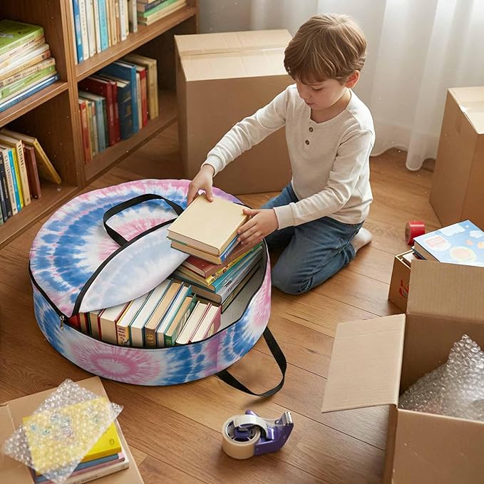 Storage Bag Blue Pink Tie Dye Round Storage Totes Bins Closet Organizers with Zippers & Handle Bohemian Tribal Style Clothes Storage Container for Bedroom Dorm Space Saving Packing Supplies Bags