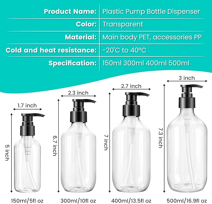 Teyssor Pump Bottle Dispenser Clear 2 Pack 500ml/16.9oz Empty Plastic Liquid Soap Dispensers, BPA-Free Refillable Container for Essential Oil Shampoo Lotion