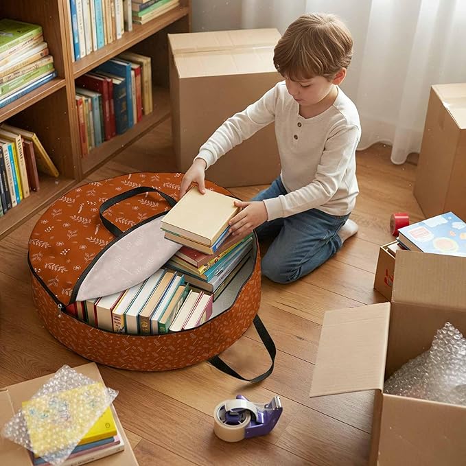 Storage Bag Orange Wheat Ear Round Storage Totes Bins Closet Organizers with Zippers & Handle Floral Leaf Plant Clothes Storage Container for Bedroom Dorm Space Saving Packing Supplies Moving Bags