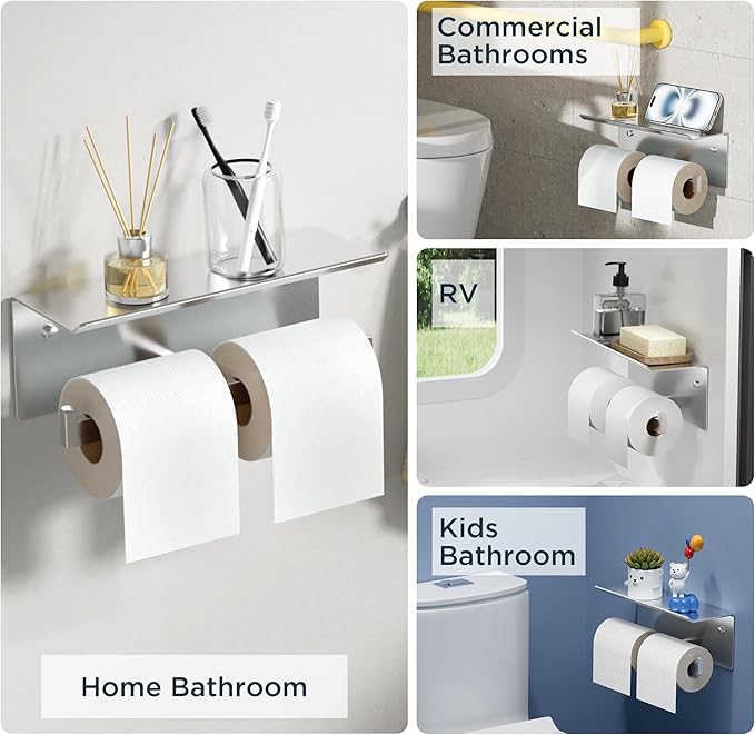 FORIOUS Toilet Paper Holder with Shelf, 304 Stainless Steel Wall Mount Commercial Toilet Paper Dispenser, Double Tissue Roll Holder for Bathroom, 2 Pack Brushed Nickel
