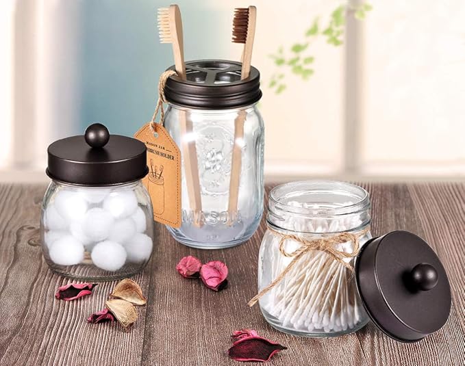 Mason Jar Toothbrush Holder – Bronze – with Genuine Glass 16 Ounce Mason Jar for Regular Mouth Mason Jar , Premium Rust-Proof 304 Stainless Steel - Rustic Farmhouse Decor Bathroom Accessories