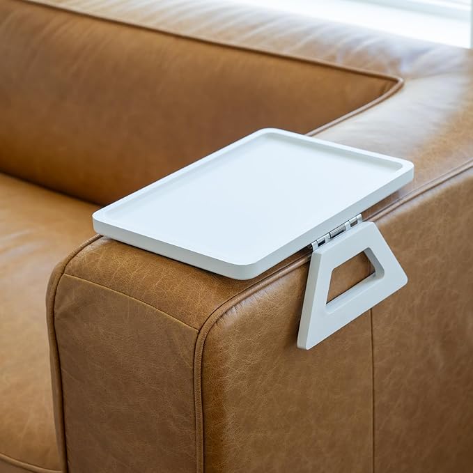 Shamrock Home Bamboo Trayble Couch Arm Table, Clip On Tray Sofa Table for Couches. Sofa Arm Tray, Armchair Table for TV Dinners, Remotes, Drinks and Snacks - 13.75 x 9.5inch, White