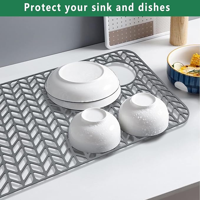 GUUKIN Sink Protectors for Kitchen Sink - 28.6"x 14.5" Silicone Kitchen Sink Mat Grid for Bottom of Farmhouse Stainless Steel Porcelain Sink with Right & Left Drain(Grey), 2814R