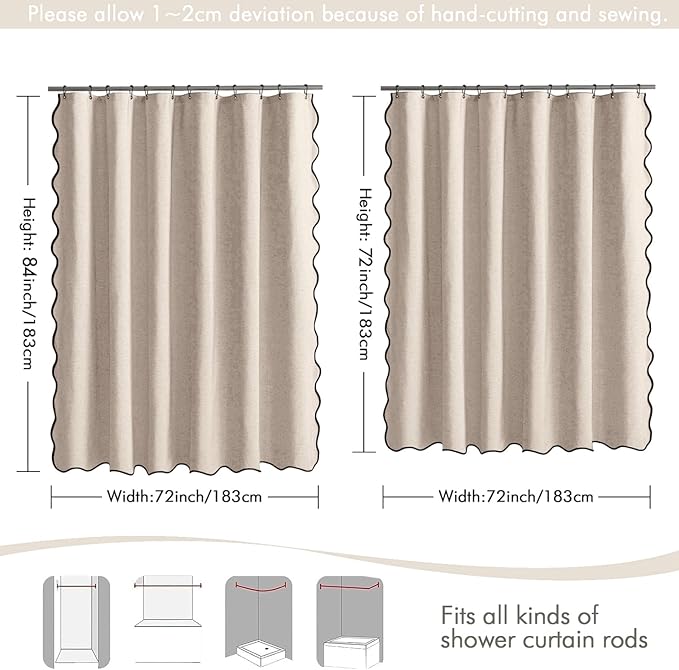 MIULEE Beige 84" Long Scalloped Shower Curtain Linen Textured with 12 Metal Hooks Cute Extra Long Heavy Duty Washable Waterproof Cloth Shower Curtains with Black Border for Bathroom Hotel Bathtub