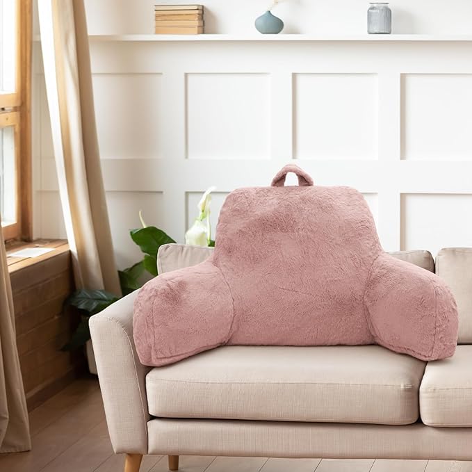 Reading Pillow for Sitting in Bed Adult, Standard Reading Pillow with Memory Foam, Back Pillow for Bed Sitting Up with Extend Arms, Pink