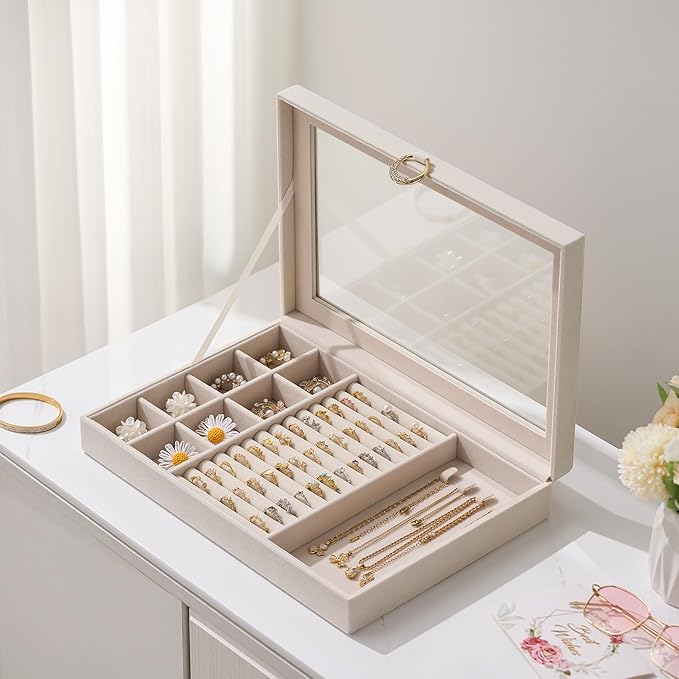bussdis Glass Lid Jewelry Organizer Box – Beige Velvet Jewelry Case with Ring Slots, Necklace Hooks & Removable Compartments for Earrings, Rings & Bracelets