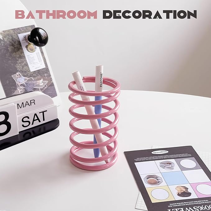 Spring Toothbrush Holder, Stainless Steel Spring Shaped Desktop Toothbrush Holder, Multifunctional Pen Holder Makeup Brush Toothbrush Storage for Bathroom Tabletop Dressing Table and Sink (Pink)