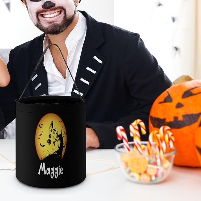 Personalized Halloween Trick or Treat Candy Bag with Name Custom Text Party Tote Bucket Halloween Candy Basket Gift (Bag-9)