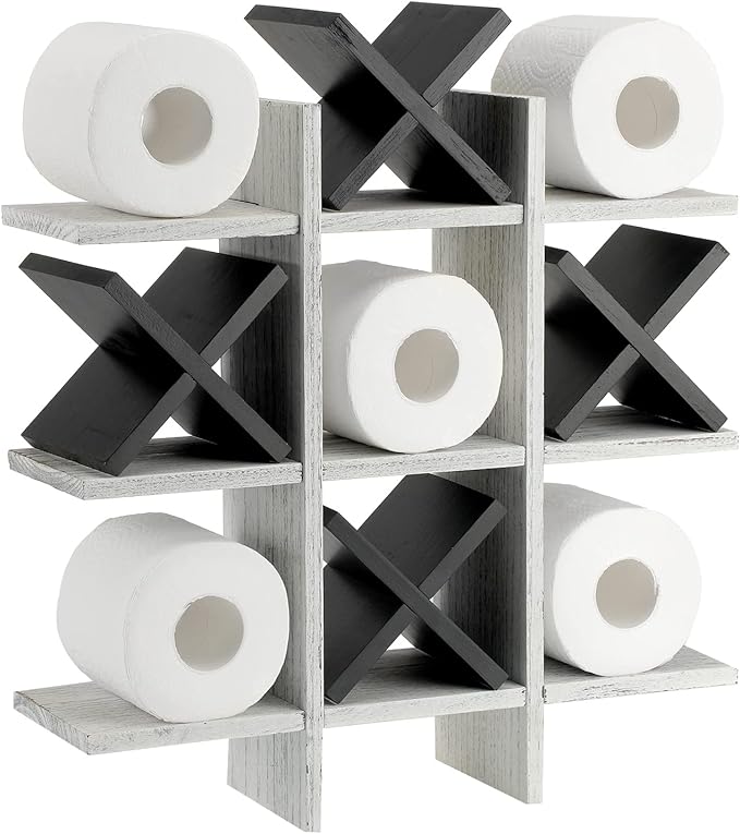 Weysat Tic Tac Toe Toilet Paper Holder Stand Bathroom Wall Decor Rustic Wooden Hanging Storage Freestanding Wall Mounted Shelves Decor for Toilet Tissue Farmhouse