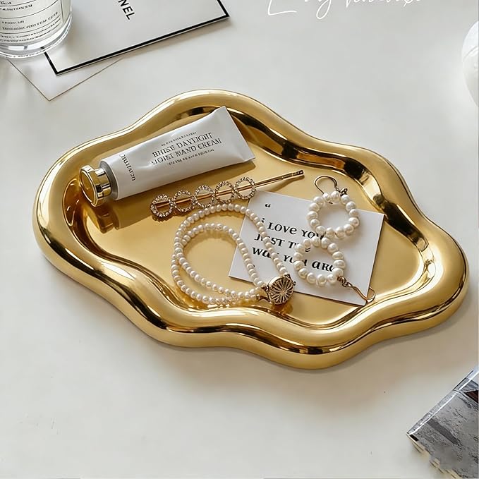 Jewelry Tray for Women, Cloud Shape Ceramic Trinket Dish, Jewelry Organizer Storage Holder for Ring Earring Bracelet Necklace, Make Up Organizer (White) (Gold)