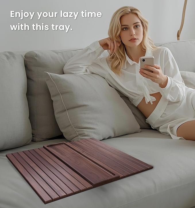 Sofa Arm Tray,Walnut Wood Folding Couch Arm Trays,Sofa Armrest Tray with Anti-Slip Pad for Drinks,Snacks,Phone,Remote Control