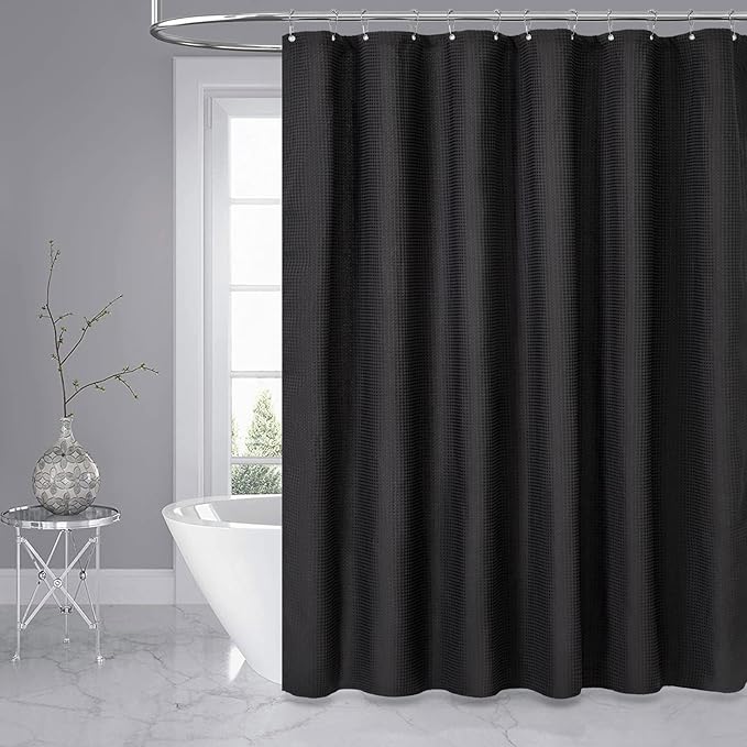 Dynamene Long Black Fabric Shower Curtain - Waffle Textured Tall Heavy Duty Cloth Shower Curtains for Bathroom, 256GSM Large Hotel Spa Luxury Bath Curtain Set with 12 Plastic Hooks(72Wx80H, Black)