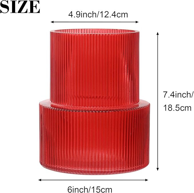 Ribbed Glass Vase, Flower Vase, Fluted Red Vases for Flowers, Modern Vases for Living Room, Dining Table, Entryway, Shelf, Wedding, Office, Coffee Table, Birthday, 7.5 Inches