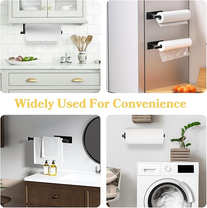 Kitchen Paper Towel Holder - Under Cabinet Stick-on Towel Rack for Hanging Paper - First Apartment Essentials Wall Mount Self Adhesive 304 Stainless Steel Rack Fits for Kitchen, RV, Dark Black