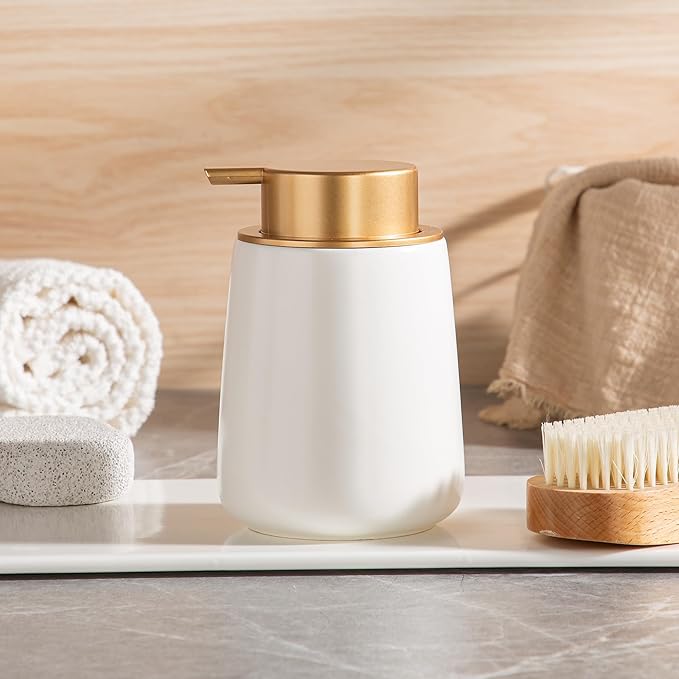 Enra Foaming Soap Dispenser,12 oz Beige Ceramic Modern Foam Hand Soap Dispenser for Bathroom,Kitchen with Easy-to-Press Pump (White Foam Gold Pump)