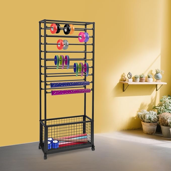 Mobile Ribbon Holder Double-Sided Ribbon Organizer Rack with 20 Hanging Rods Multifunctional Flower Wrapping Paper Storage Stand with Lockable Wheels Wrapping Paper Rack (26.38*12.6*66.93in, Black)