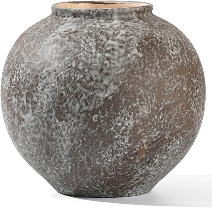 Rustic Black Stone Vase Home Decor - 6 in Ceramic Vintage Farmhouse Vases for Decor, Decorative Terracotta Round Clay vase for Living Room, Table, Shelf, Kichen Décor