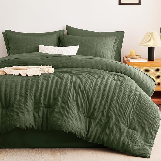 CozyLux Full Size Comforter Sets with Sheets 7 Pieces, Olive Green Seersucker Bed in a Bag Textured Luxury Soft Bedding Sets with Down Alternative Comforter, Sheets, Pillowcases & Shams for All Season