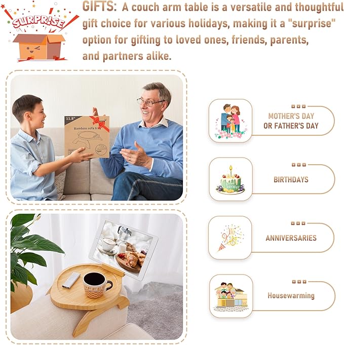 SINWANT Couch Arm Table, Bamboo Round Sofa Clip on Tray with 360° Phone Holder,Foldable Couch Armrest Table Eating on Chair Recliner for Snack Drink