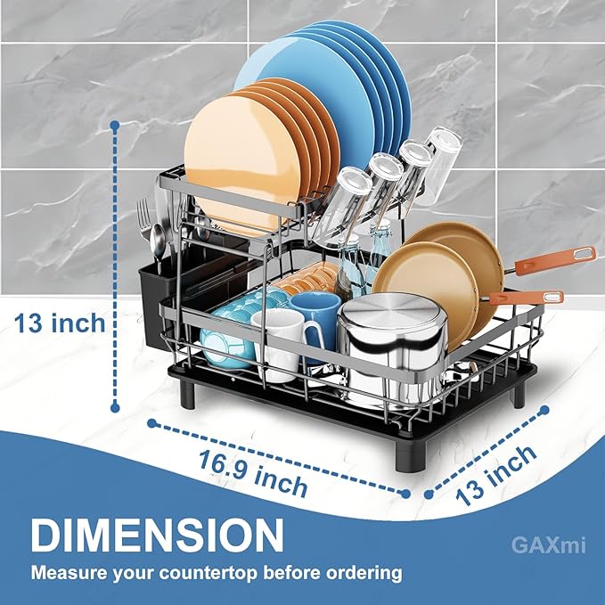 GAXmi Dish Drying Rack Over The Sink Drainer with Drainboard Utensil Holder Cup Holder, 2-Tier Grey