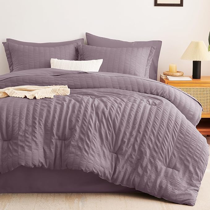 CozyLux Full Size Comforter Sets with Sheets 7 Pieces, Dusty Purple Seersucker Bed in a Bag Textured Luxury Soft Grayish Purple Bedding Set with Down Alternative Comforter, Sheets, Pillowcases & Shams