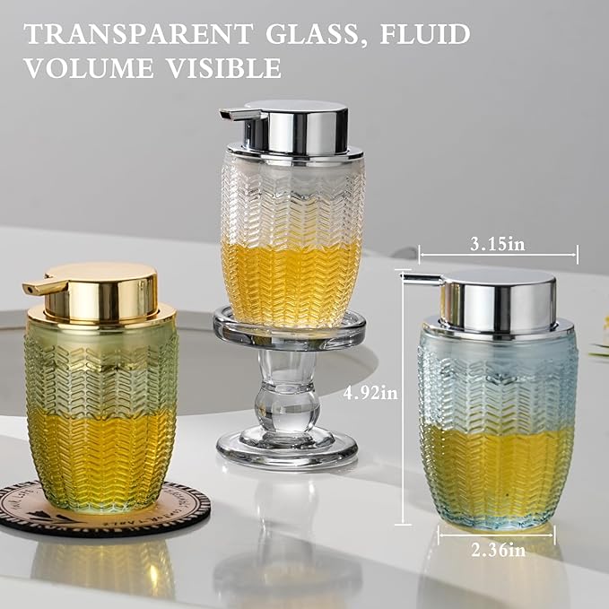 CICUFY Foaming Hand Soap Dispenser, Glass Foam or Lotion Dispenser for Kitchen & Bathroom Refillable Liquid Soap with Large Silver Pump(Barrel Pattern-Clear)