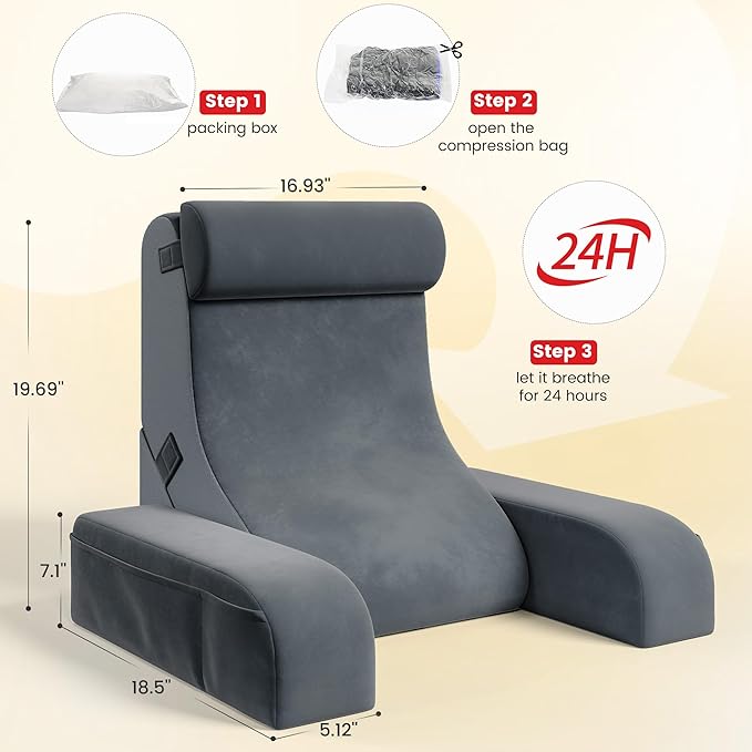 Homkdom Reading Pillow for Sitting in Bed Adult, 20" Back Pillow for Bed Sitting up with Armrests & Storage Pockets, Ergonomic Wedge Pillow for Watching TV, Gaming, Working, Recovery, 5PCS, Grey