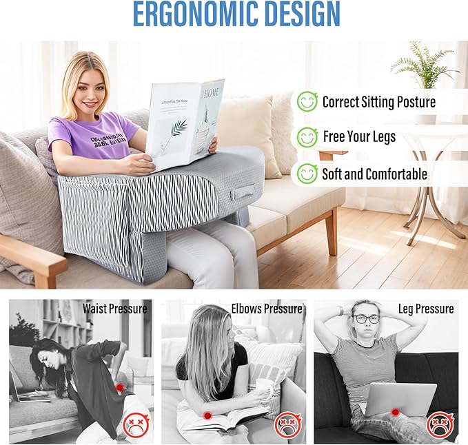 LEBENGURU Reading Pillow for Laptop, Extra Large Armrest Gaming Pillow for Working, Hight Adjustable Lap Desk Pillow for Adult Sitting in Bed, Floor, Sofa(Stripe and Grey)