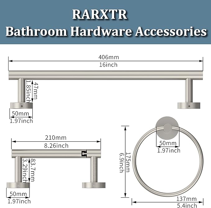 RARXTR 3pc Bathroom Hardware Set with Brushed Toilet Paper Holder & Towel Ring & Towel Bar SUS304 Stainless Steel Toilet Paper Roll Holder Wall Mount & Bathroom Towel Holder & Towel Rack Set