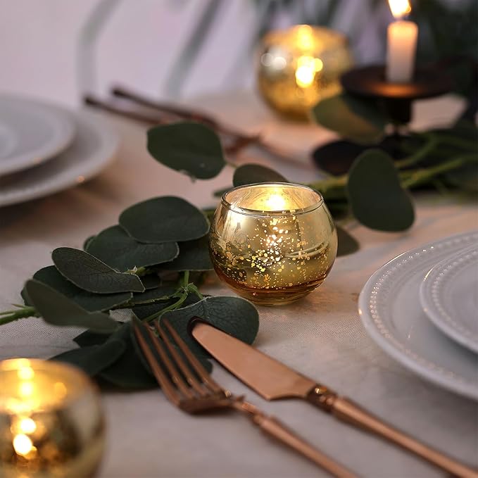 LAMORGIFT 12 Pcs Gold Votive Candle Holders- Gold centerpieces for Tables, Mercury Glass Votives for Wedding, Rehearsal Dinner, Engagement, Birthday Party Decorations