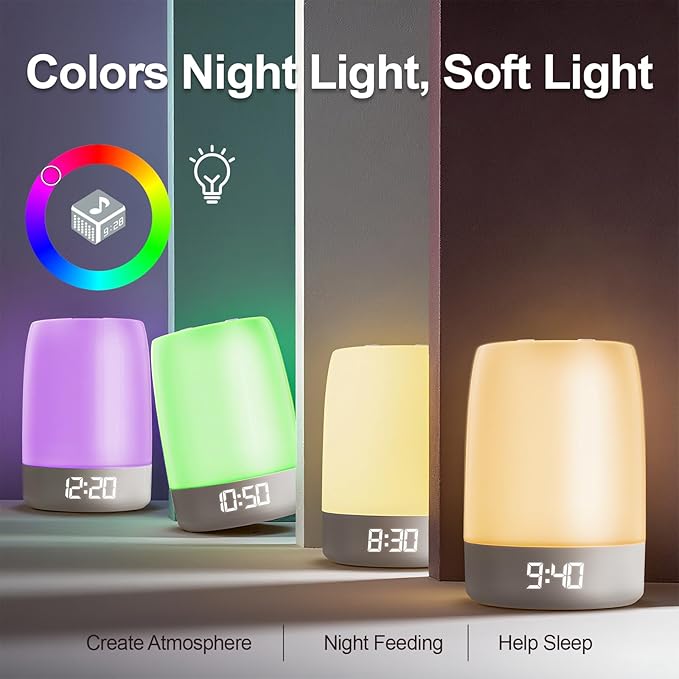 White Noise Machine Alarm Clock for Baby Adults Kids with 32 Soothing Sounds 8 Colors Rainbow Breathing Light,Toddler Sleep Trainer with Timer, App Remote Control,Bluetooth Playback for Bedroom