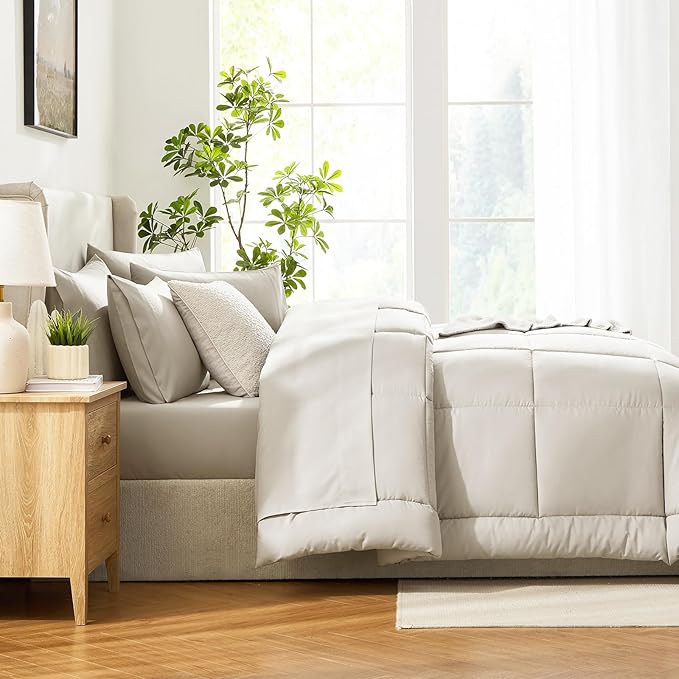 CozyLux Oversized Queen Comforter Sets Beige, 7 Pieces Bed in a Bag, Ultra-Soft All Season Bedding Sets with Stitch Quilted Comforter, Flat Sheet, Fitted Sheet, Pillowcases