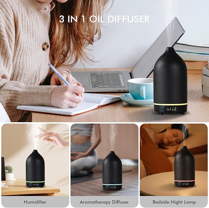 Essential Oil Diffuser Ceramic Diffuser -Aromatherapy Diffuser for Essential Oils with Timer and 7 Colors LED Light Ultrasonic Diffuser with Auto Shut-Off, Home Office Decor&Gift (Black-150ml)