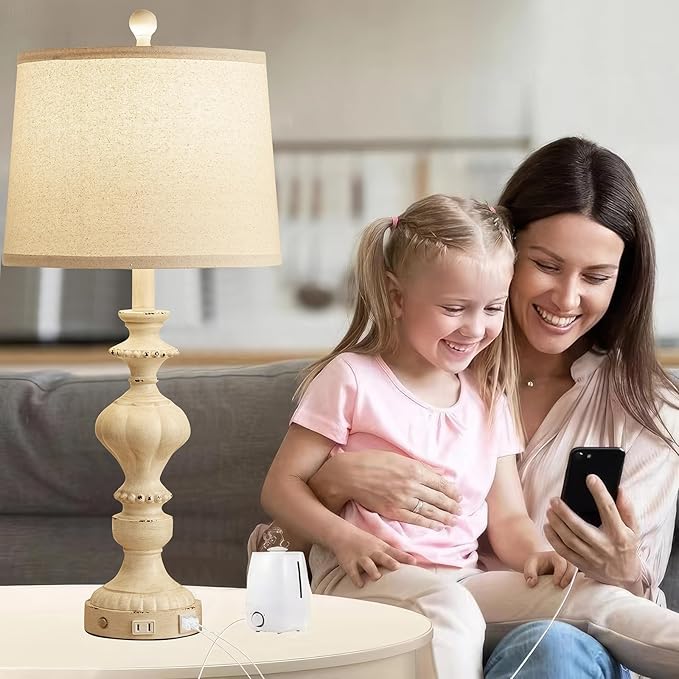 SAIWEYA 27.5" Farmhouse Table Lamps Set of 2 Bedside Nightstand Lamp with USB C+A Ports & AC Outlet, 3 Way Dimmable Touch Lamps for Bedroom Living Room Office Hallway Rustic Traditional Lamp