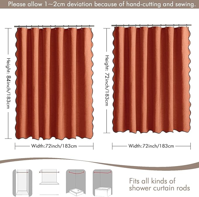 MIULEE Burnt Orange Scalloped Shower Curtain Linen Textured with 12 Metal Hooks Cute Heavy Duty Washable Waterproof Thick Cloth Shower Curtains with Black Border for Bathroom Hotel Bathtub,W72*L72