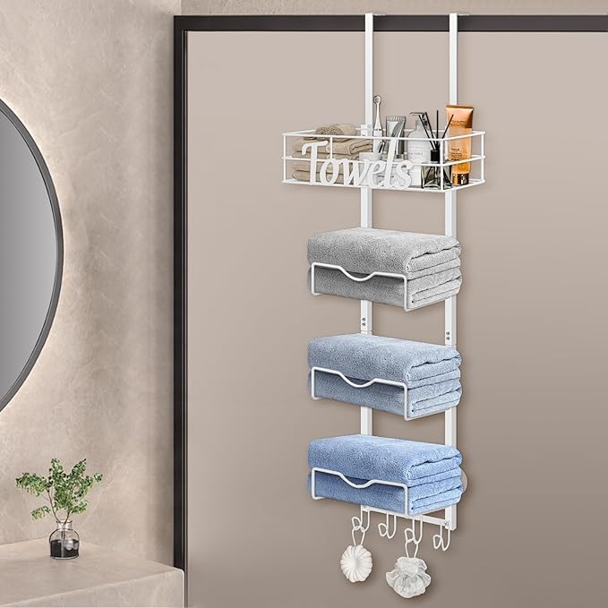 HarJue Over The Door Towel Racks, No Drill Towel Storage with Basket & Hooks, Space-Saving Multi-Functional Towel Holder for Bathrooms, bedrooms, Apartments, RVs (White, 5 Tier)