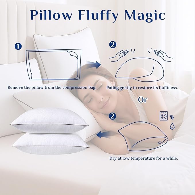 JOLLYVOGUE Bed Pillows Standard Size Set of 4, Cooling and Supportive Full Pillow 4 Pack with Down Alternative Filling for Side and Back Sleepers, Hotel Collection