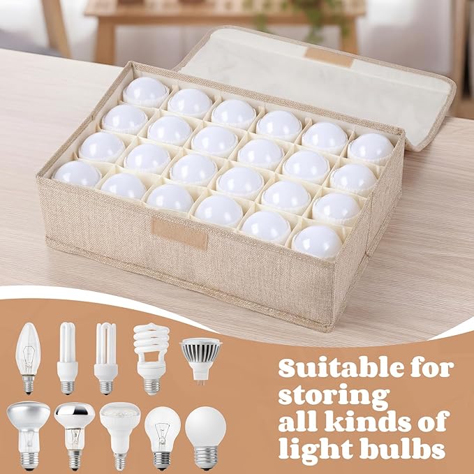 1 Pcs Light Bulb Organizer Storage Box Ornament Storage with 30 Dividers Foldable Bulbs Organizer with Lid Sturdy PP Board Fits Various Standard Dustproof Fabric Case for Home Vbs (Beige)