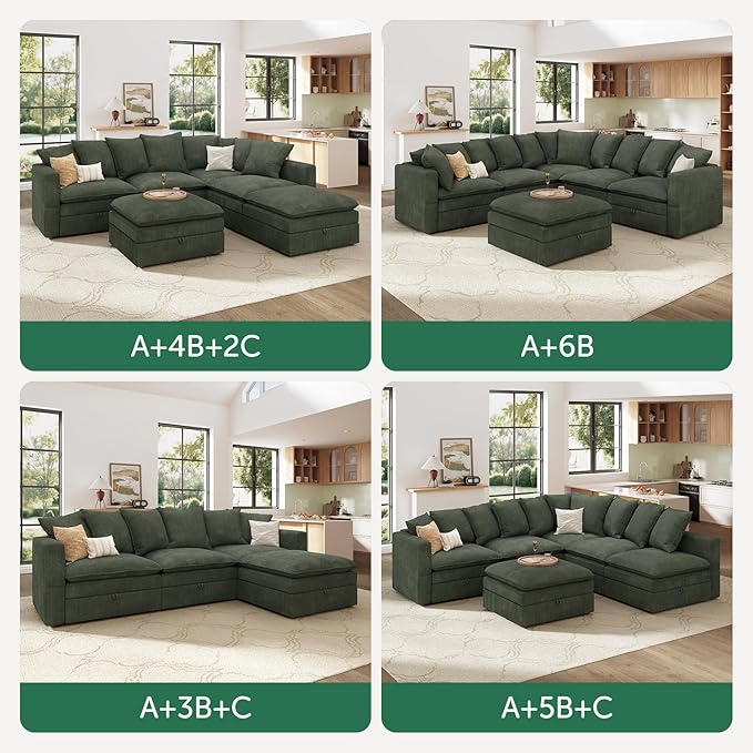 HONBAY Corduroy Ottoman, 31.5 Inch Square Ottoman Bench with Storage for Living Room, Green