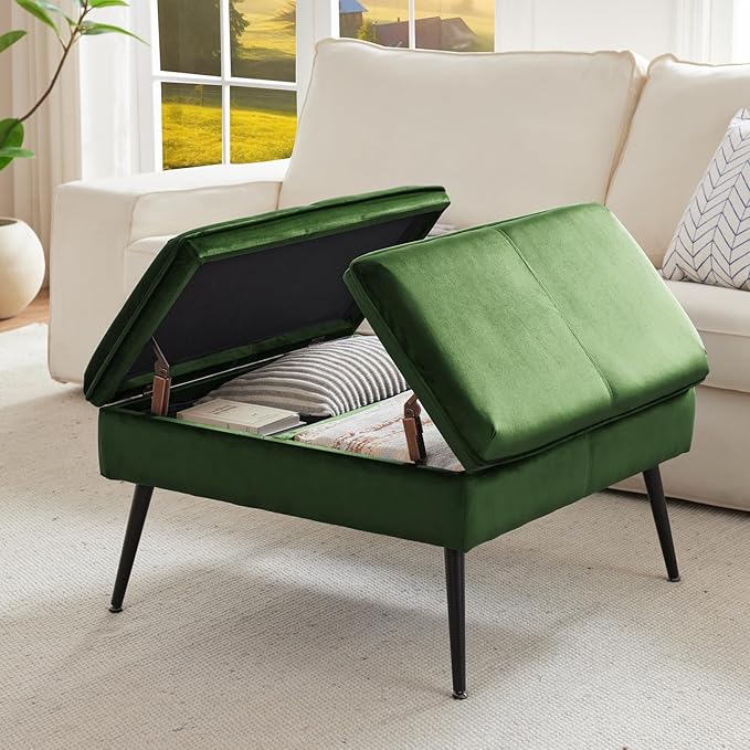 Square Ottoman with Storage, Large Oversized Ottoman Coffee Table, Double Flipping Lid & Mid-Century Modern & Velvet Style, Loads 660 lb, for Living Room, Bedroom, Entryway, Green