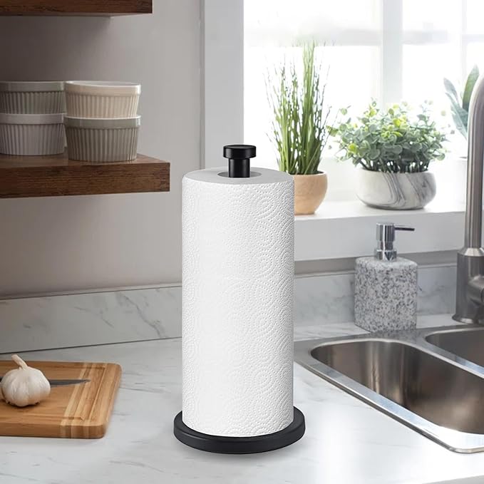 Paper Towel Holder Countertop, Kitchen Roll Holder, Stainless Steel Black Paper Towel Holders for Kitchen Organization, Paper Towel Dispenser Standing Weighted Base for One-Handed Operation