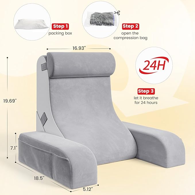 Homkdom Reading Pillow for Sitting in Bed Adult, 20" Back Pillow for Bed Sitting up with Armrests & Storage Pockets, Ergonomic Wedge Pillow for Watching TV, Gaming, Working, Recovery, 5PCS, Light Grey