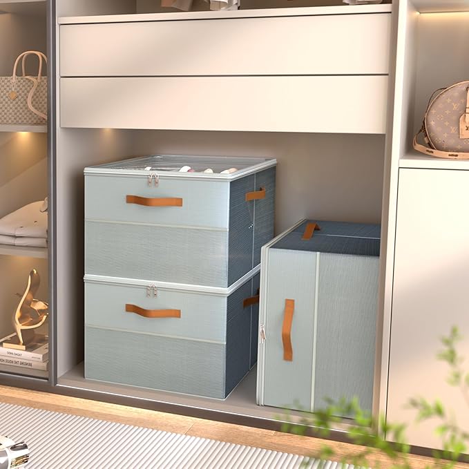 Shoe Organizer for Closet,2 Pack Foldable Shoe Storage Organizer Box Bin with Adjustable Dividers and Clear Cover, Fits up to 16-32 Pairs(Grey)