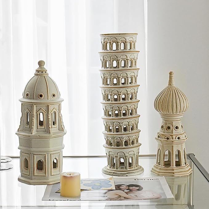 Ceramic Home Decoration 12.6 Inch Tall European Dome Tower for Living Room Bedroom Office Modern Farmhouse Antique Rustic Nordic Ornament Desktop Fireplace Centerpiece Decor
