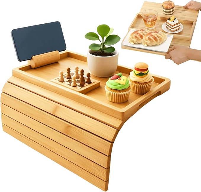Foldable Bamboo Couch Arm Tray with Detachable Couch Cup Holder– Sofa Armrest Table for Remote, Snacks, Phone – Portable Armrest Caddy Tray for Sofa, Recliner, or Armchair
